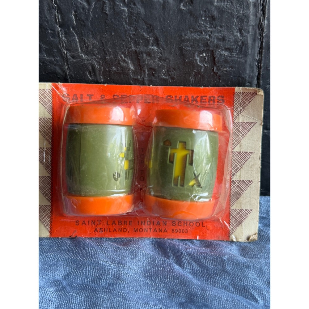 Vintage St Labre Indian School Montana Salt Pepper Shakers Green Orange Plastic